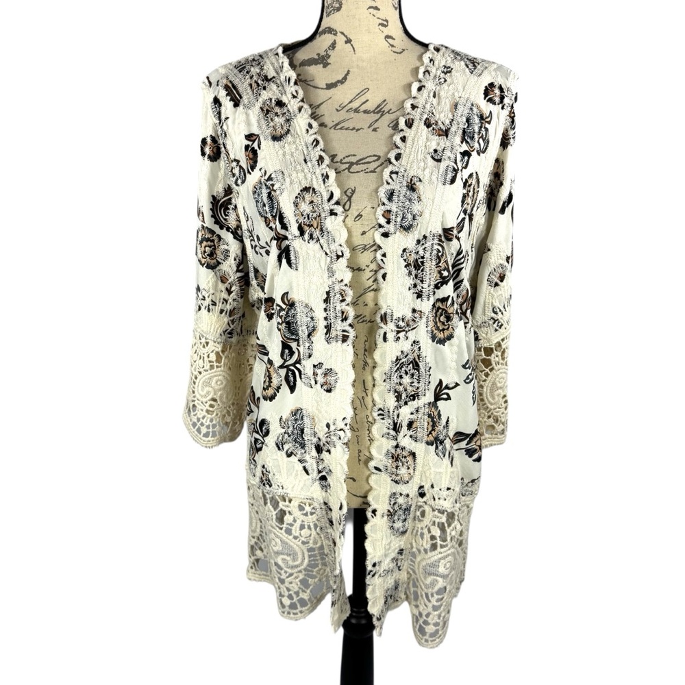 Solitaire Anthropologie Womens Boho Crochet Lace Floral Kimono Duster